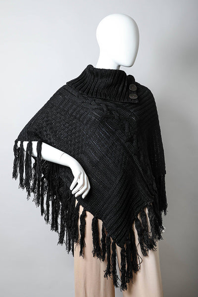 Scarves - Bohemian Cable Knit Poncho With Tassels - Girl Intuitive - Leto - One Size / Black