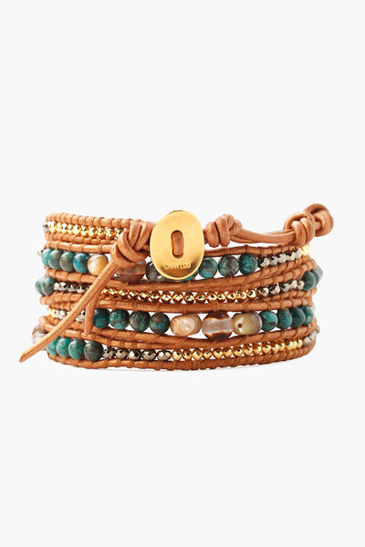 bracelet - Chan Luu Compressed Turquoise Mix Wrap Bracelet On Brown Leather - Girl Intuitive - Chan Luu -