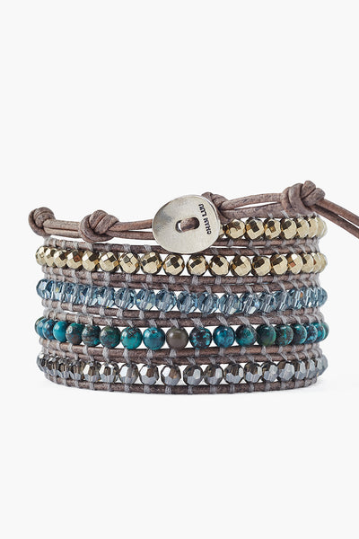 bracelet - Chan Luu Pyrite Turquoise Mix Wrap Bracelet On Gray Leather - Girl Intuitive - Chan Luu -