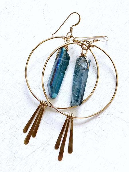 earrings - Large Quartz Crystal Hoop Earrings with Spikes - Girl Intuitive - Quinn Sharp - Blue / 14k Gold
