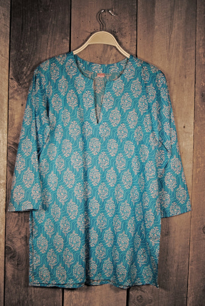 Tunic - Cotton Print Tunic in Turquoise Waves - Girl Intuitive - Nusantara -