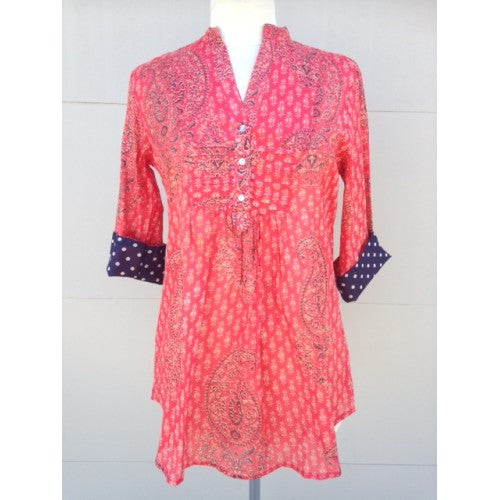Shirts - Cotton Tunic Top Red and Navy - Girl Intuitive - Dolma -