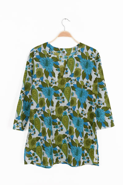 Tunic - Cotton Tunic Top Turquoise and Green Floral - Girl Intuitive - Nusantara -