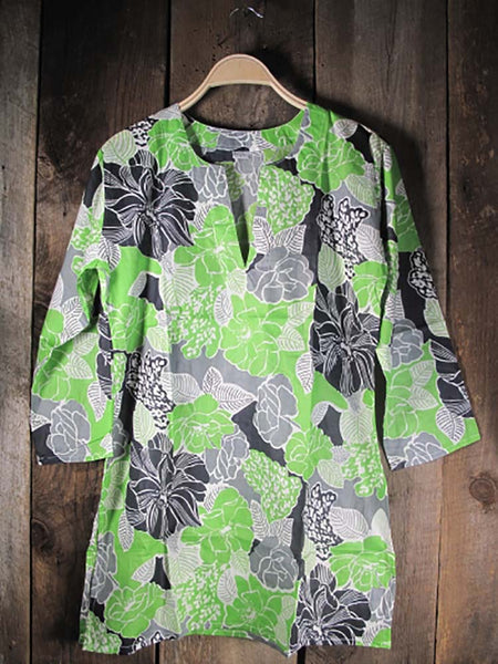 Tunic - Cotton Tunic Top Shaded Lime Green Floral - Girl Intuitive - Nusantara -