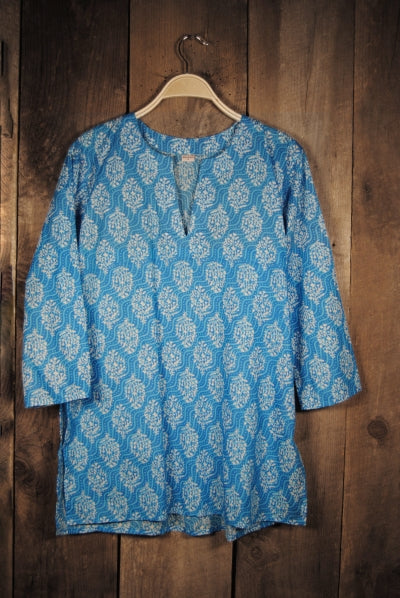 Tunic - Cotton Print Tunic in Turquoise Waves in Blue - Girl Intuitive - Nusantara -