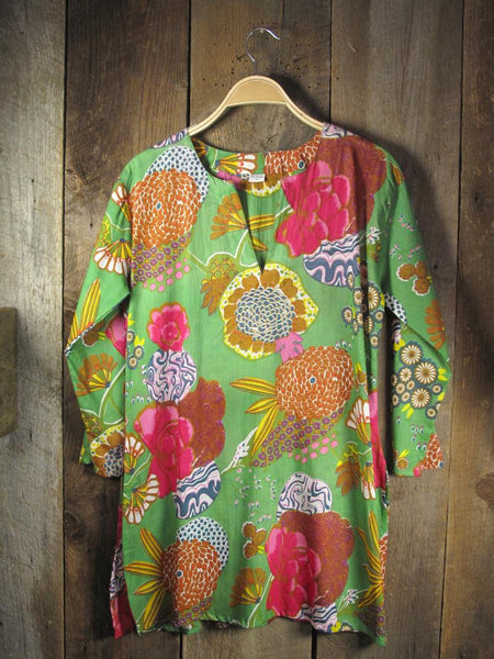 Tunic - Cotton Tunic Top Mums on Green - Girl Intuitive - Nusantara -