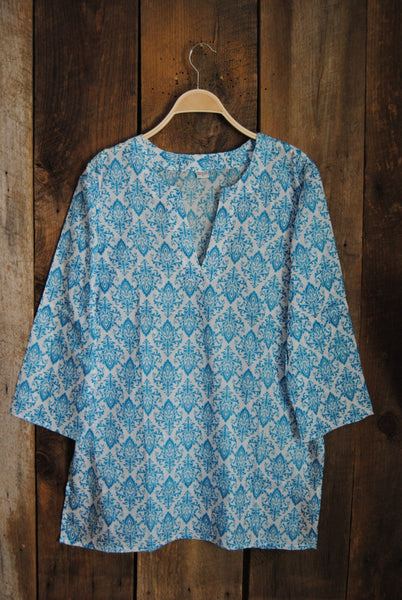 Tunic - Cotton Tunic Top Turquoise Damask - Girl Intuitive - Nusantara -