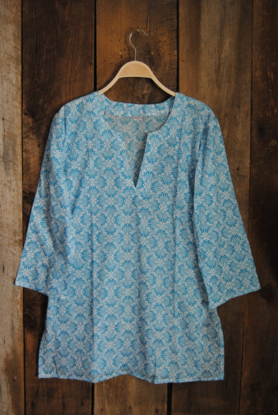 Tunic - Cotton Tunic Top Turquoise Fans - Girl Intuitive - Nusantara -