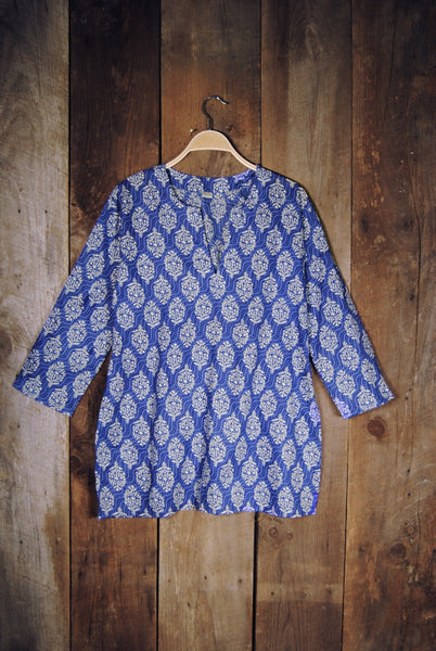 Tunic - Cotton Tunic Top in Royal Blue Waves - Girl Intuitive - Nusantara -