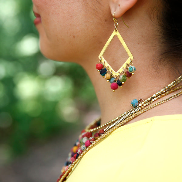 earrings - Dangling Kantha Kite Earrings - Girl Intuitive - WorldFinds -