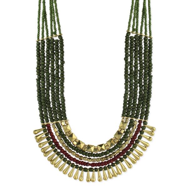 Necklace - Dark Green Bead Gold Dangle Necklace - Girl Intuitive - zad -