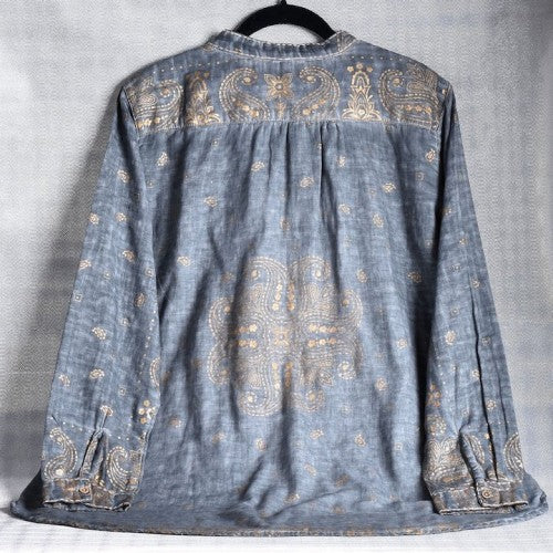 Shirts - Denim Henley Shirt with Handmade Gold Print - Girl Intuitive - Dolma -