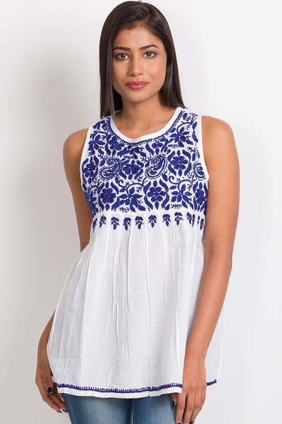 Tunic - Divyani Sleeveless Embroidered Cotton Top - Girl Intuitive - Sevya - S/M / Blue