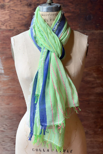 Scarves - Dolma Cotton Scarf with Contrasting Stitching - Girl Intuitive - Dolma - Green/Blue/Pink
