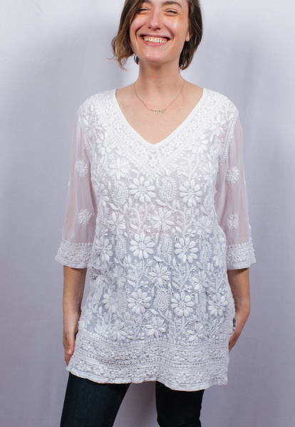 Tunic - Dolma Embroidered Kurta Top White - Girl Intuitive - Dolma -