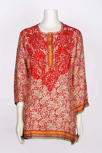 Tunic - Dolma Women's Embroidered Silk Tunic Top in Red - Girl Intuitive - Dolma -