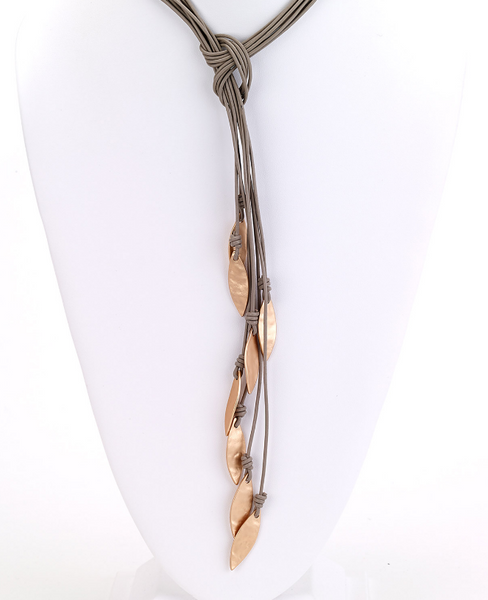 Necklace - Drop Leaf Leather Lariat Necklace - Girl Intuitive - Island Imports - Taupe