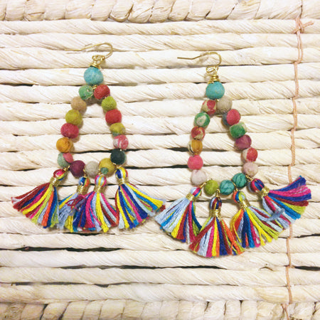 earrings - Worldfinds Kantha Teardrop Fringe Earrings - Girl Intuitive - WorldFinds -