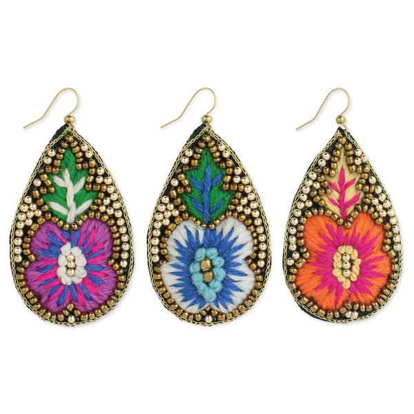 earrings - Embroidered Flower Teardrop Earrings - Girl Intuitive - zad -