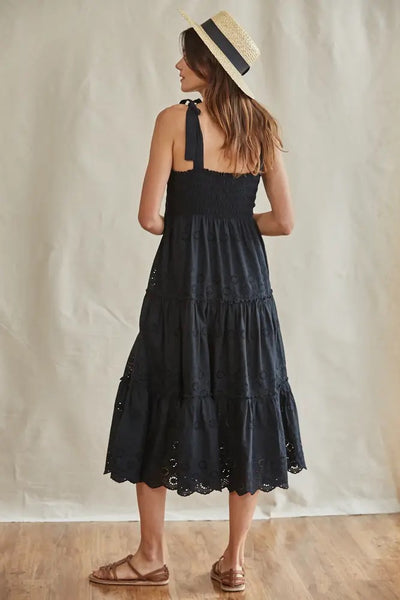 Dresses - Eyelet Smocked Top Shoulder Ties Ruffled Midi Dress - Girl Intuitive - By Together -