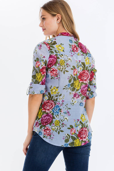 Tunic - Floral Printed Button-Down Tunic with Colorful Embroidery Blue - Girl Intuitive - Magazine Clothing -