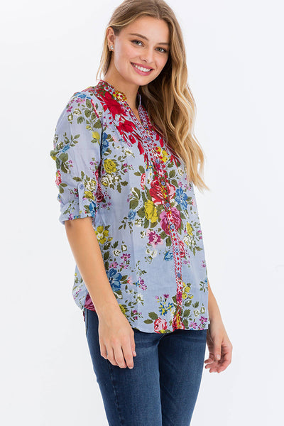 Tunic - Floral Printed Button-Down Tunic with Colorful Embroidery Blue - Girl Intuitive - Magazine Clothing -