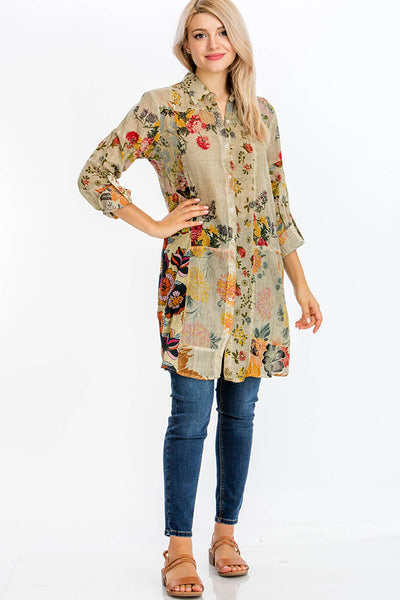 Shirts - Floral Printed Patchwork Shirt-Dress with Vintage Wash - Girl Intuitive - Magazine Clothing -