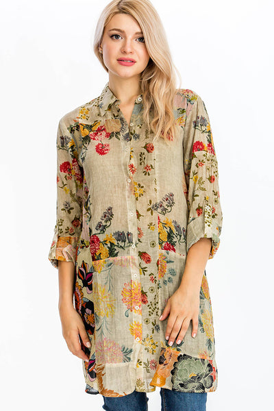 Shirts - Floral Printed Patchwork Shirt-Dress with Vintage Wash - Girl Intuitive - Magazine Clothing -