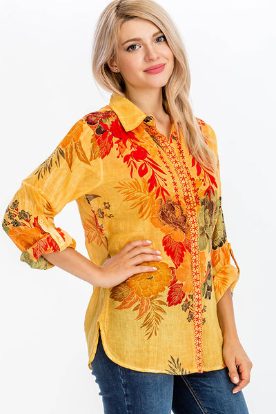 Shirts - Floral Printed Shirt with Embroidery and Vintage Wash Yellow Ochre - Girl Intuitive - Magazine Clothing -