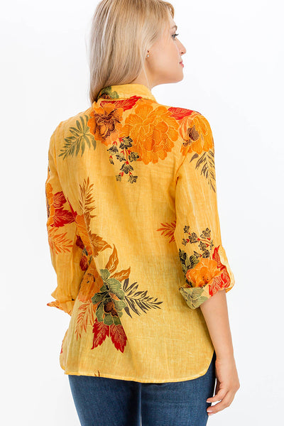 Shirts - Floral Printed Shirt with Embroidery and Vintage Wash Yellow Ochre - Girl Intuitive - Magazine Clothing -