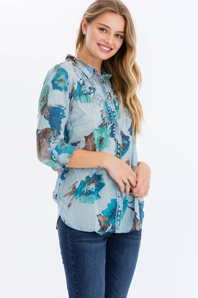 Shirts - Floral Printed Shirt with Embroidery and Vintage Wash Turquoise - Girl Intuitive - Magazine Clothing -
