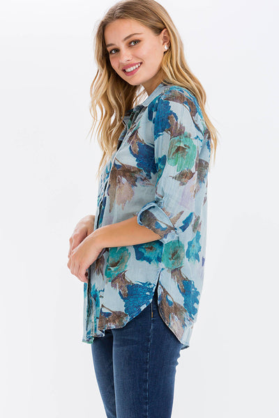 Shirts - Floral Printed Shirt with Embroidery and Vintage Wash Turquoise - Girl Intuitive - Magazine Clothing -