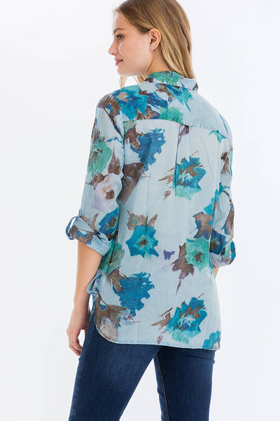 Shirts - Floral Printed Shirt with Embroidery and Vintage Wash Turquoise - Girl Intuitive - Magazine Clothing -