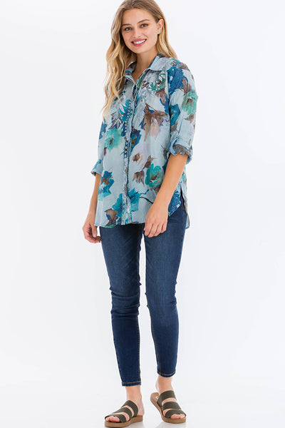 Shirts - Floral Printed Shirt with Embroidery and Vintage Wash Turquoise - Girl Intuitive - Magazine Clothing -