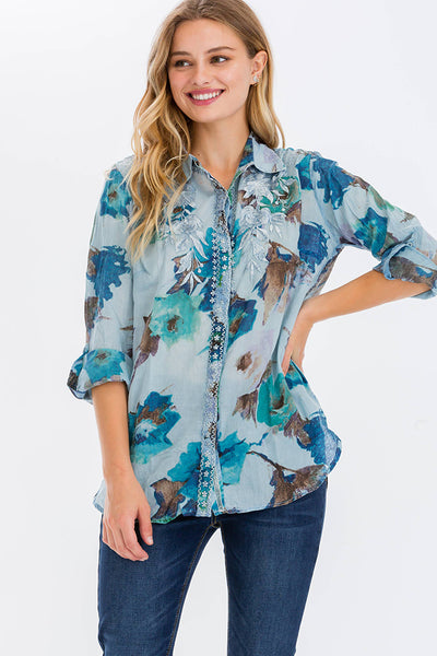 Shirts - Floral Printed Shirt with Embroidery and Vintage Wash Turquoise - Girl Intuitive - Magazine Clothing -