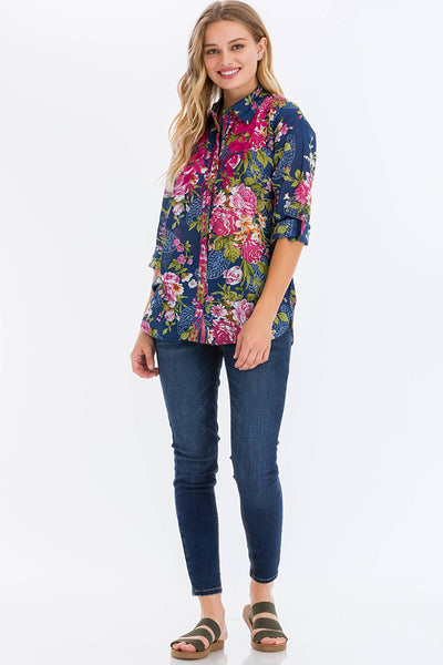 Shirts - Floral Printed Shirt with Embroidery Fuchsia - Girl Intuitive - Magazine Clothing -