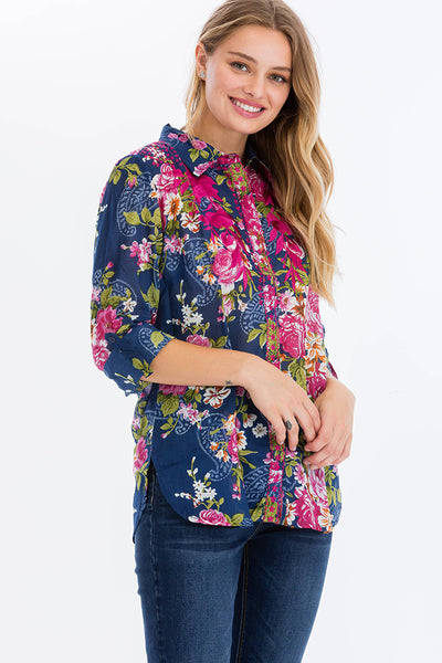 Shirts - Floral Printed Shirt with Embroidery Fuchsia - Girl Intuitive - Magazine Clothing -