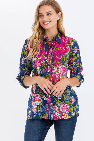 Floral Printed Shirt with Embroidery Fuchsia – Girl Intuitive
