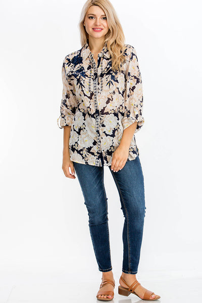 Shirts - Floral Printed Shirt with Embroidery Navy - Girl Intuitive - Magazine Clothing -
