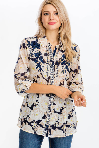 Shirts - Floral Printed Shirt with Embroidery Navy - Girl Intuitive - Magazine Clothing -