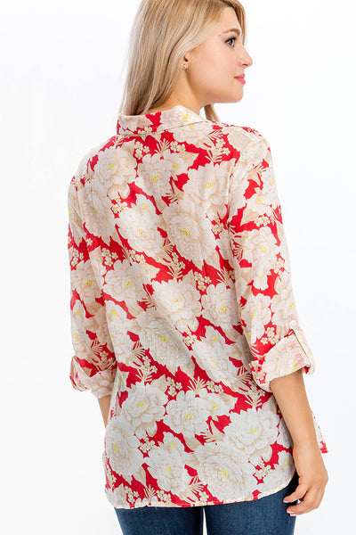Shirts - Floral Printed Shirt with Embroidery Red - Girl Intuitive - Magazine Clothing -