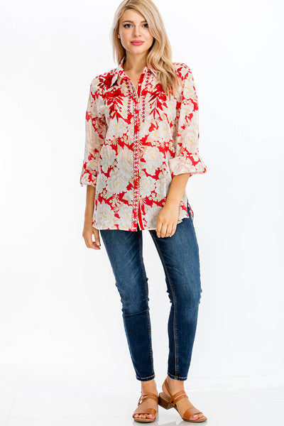 Shirts - Floral Printed Shirt with Embroidery Red - Girl Intuitive - Magazine Clothing -