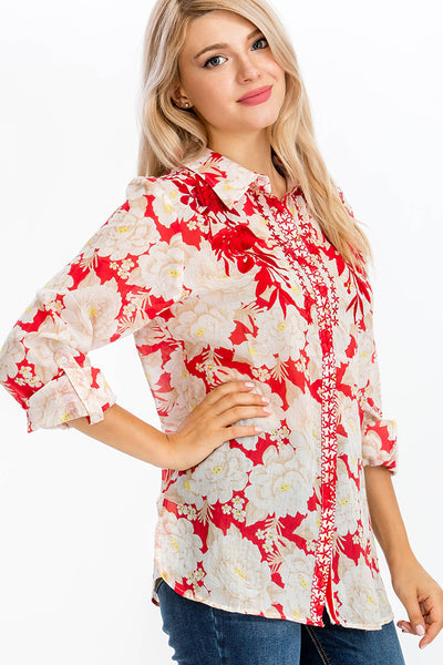 Shirts - Floral Printed Shirt with Embroidery Red - Girl Intuitive - Magazine Clothing -