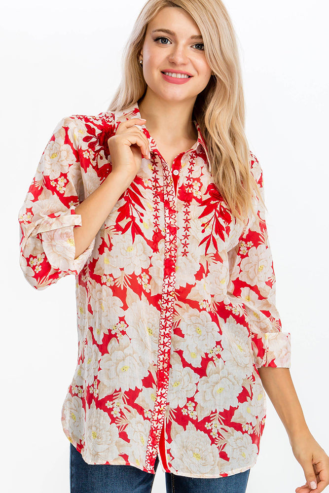 Floral Printed Shirt with Embroidery Red
