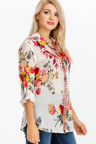 Shirts - Floral Printed Shirt with Embroidery White and Red - Girl Intuitive - Magazine Clothing -