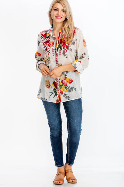 Shirts - Floral Printed Shirt with Embroidery White and Red - Girl Intuitive - Magazine Clothing -