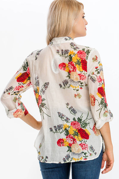 Shirts - Floral Printed Shirt with Embroidery White and Red - Girl Intuitive - Magazine Clothing -