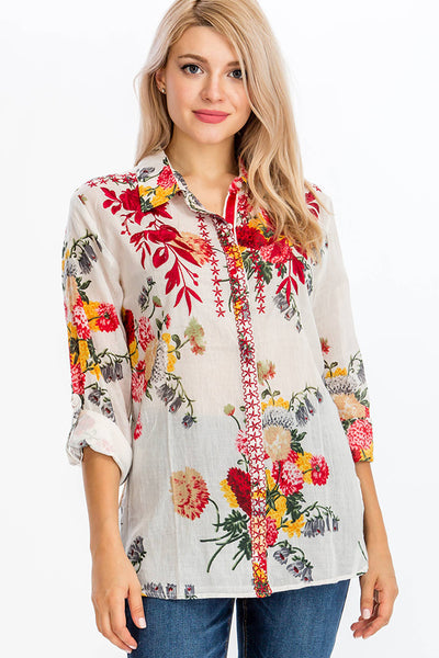 Shirts - Floral Printed Shirt with Embroidery White and Red - Girl Intuitive - Magazine Clothing -