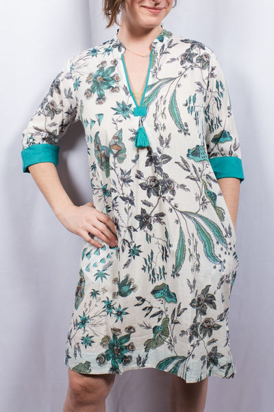 Dresses - Dolma Floral Cotton Tunic Dress - Girl Intuitive - Dolma - S / Turquoise