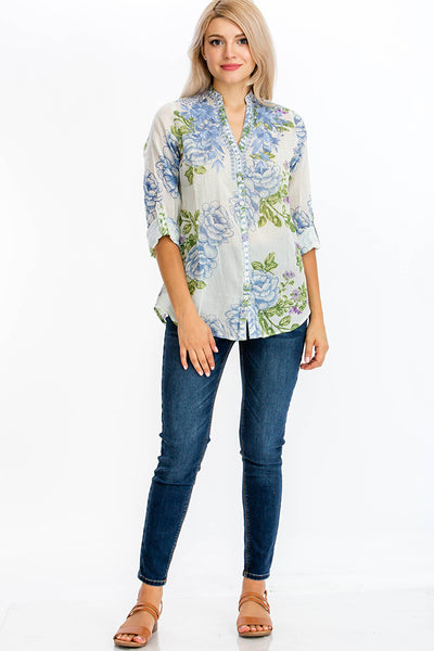Tunic - Floral Button-Down White Tunic with Blue Embroidery - Girl Intuitive - Magazine Clothing -